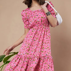 Pink Exquisite Floral Printed Pleated Fit and Flare Dress - Adjustable Waistline, Knee-Length, 3/4 Sleeves, Square Neck, A-Line