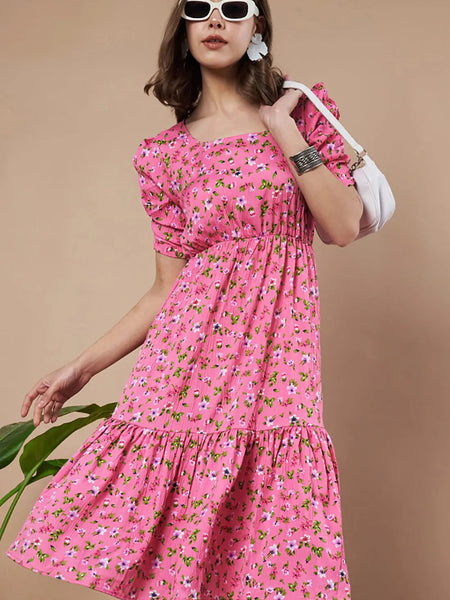 Pink Exquisite Floral Printed Pleated Fit and Flare Dress - Adjustable Waistline, Knee-Length, 3/4 Sleeves, Square Neck, A-Line
