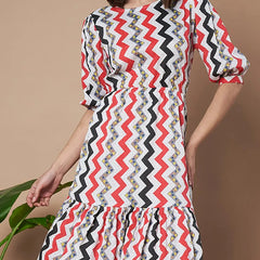 Red Zigzag Stripes Puff Sleeve Printed Fit & Flare Midi Dress with Round Neck, Short Sleeves, Gathered Details, and Flared Hemline