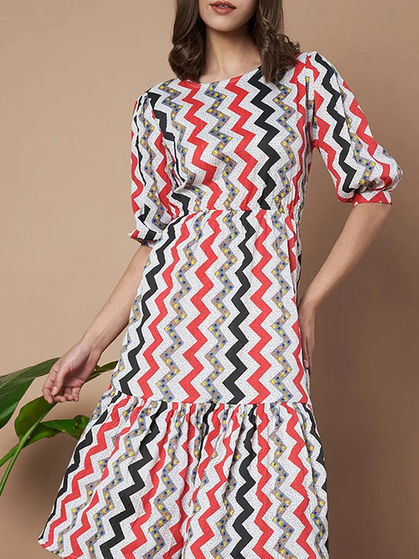 Red Zigzag Stripes Puff Sleeve Printed Fit & Flare Midi Dress with Round Neck, Short Sleeves, Gathered Details, and Flared Hemline