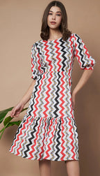Red Zigzag Stripes Puff Sleeve Printed Fit & Flare Midi Dress with Round Neck, Short Sleeves, Gathered Details, and Flared Hemline