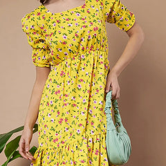 Mustard Exquisite Floral Printed Pleated Fit and Flare Dress - Adjustable Waistline, Knee-Length, 3/4 Sleeves, Square Neck, A-Line (Copy)