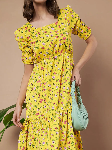 Mustard Exquisite Floral Printed Pleated Fit and Flare Dress - Adjustable Waistline, Knee-Length, 3/4 Sleeves, Square Neck, A-Line (Copy)