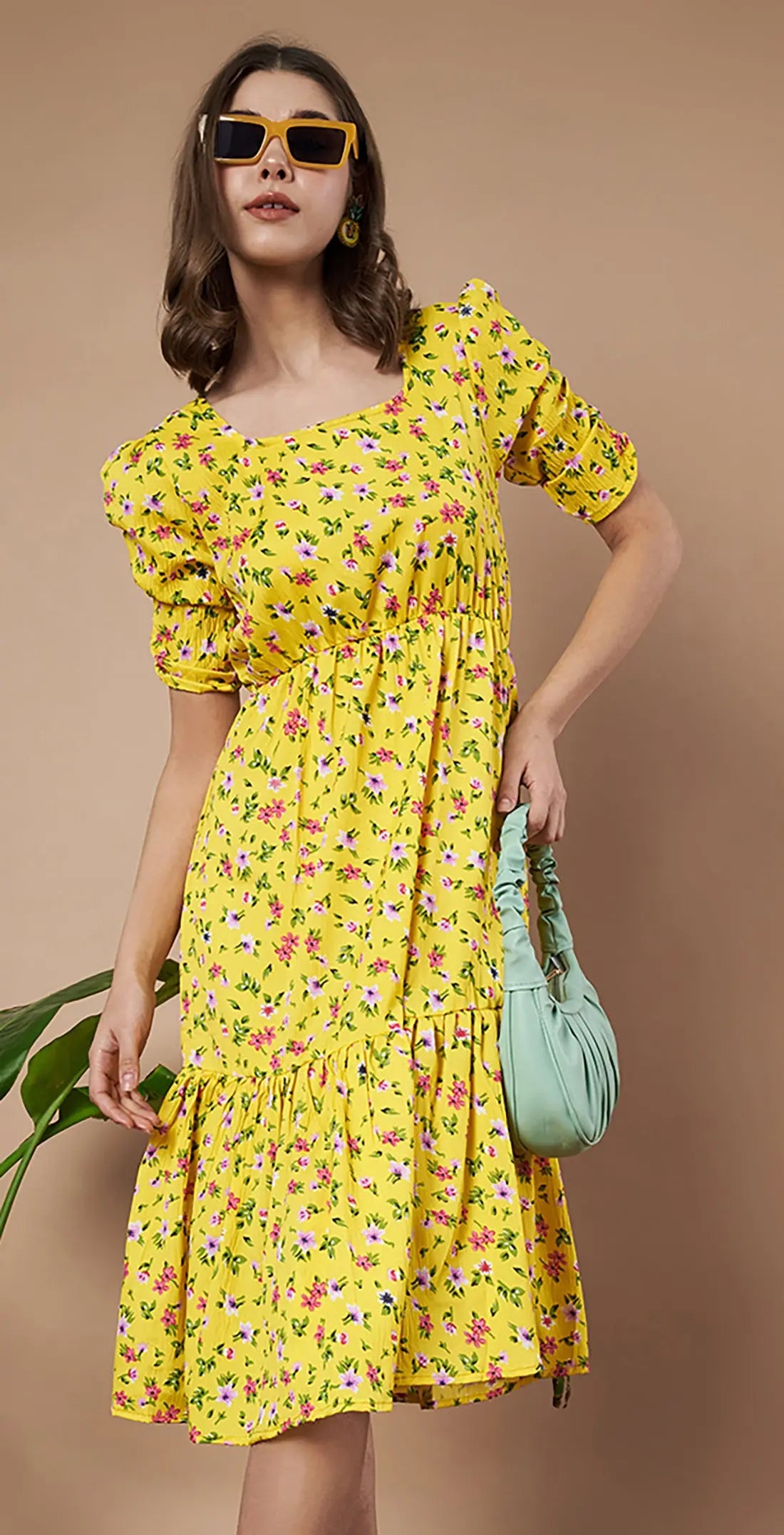 Mustard Exquisite Floral Printed Pleated Fit and Flare Dress - Adjustable Waistline, Knee-Length, 3/4 Sleeves, Square Neck, A-Line (Copy) Main image