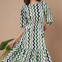 Green Zigzag Stripes Puff Sleeve Printed Fit & Flare Midi Dress with Round Neck, Short Sleeves, Gathered Details, and Flared Hemline