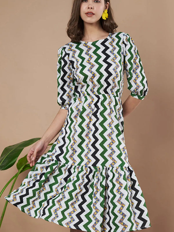 Green Zigzag Stripes Puff Sleeve Printed Fit & Flare Midi Dress with Round Neck, Short Sleeves, Gathered Details, and Flared Hemline