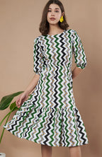 Green Zigzag Stripes Puff Sleeve Printed Fit & Flare Midi Dress with Round Neck, Short Sleeves, Gathered Details, and Flared Hemline