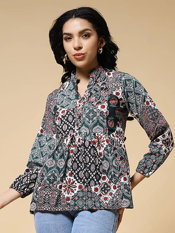 Istyle Can Green Jaipuri Cotton Women's Regular Fit Mandarin Collar Full Sleeve Printed Top My Store