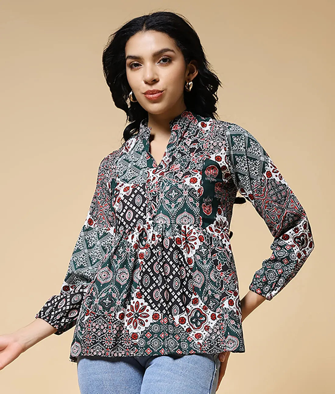 Istyle Can Green Jaipuri Cotton Women's Regular Fit Mandarin Collar Full Sleeve Printed Top My Store