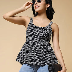 Istyle Can Black Zig-Zags Jaipuri Cotton Printed Scoop Neck Strappy Sleeveless Top for Women My Store