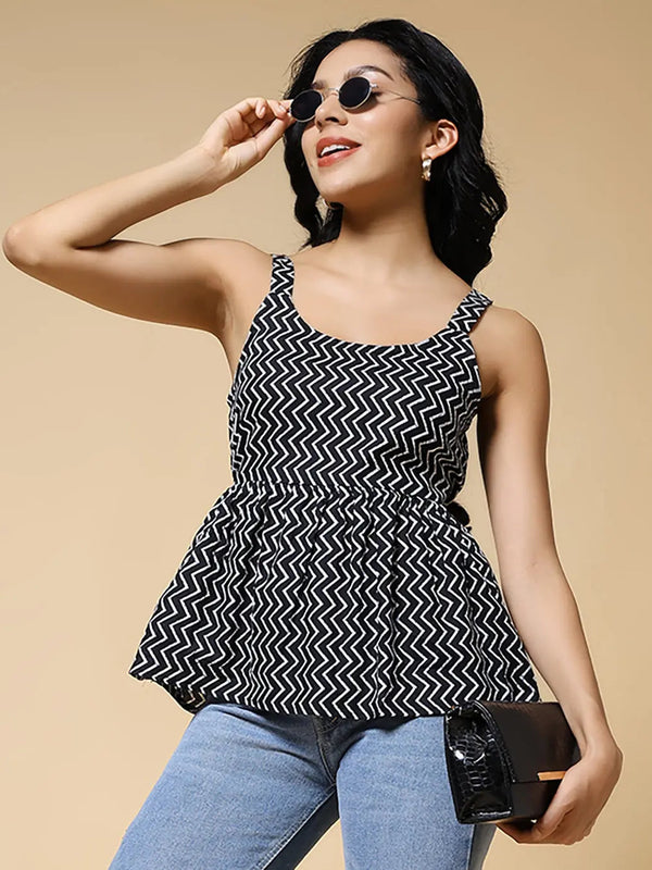 Istyle Can Black Zig-Zags Jaipuri Cotton Printed Scoop Neck Strappy Sleeveless Top for Women My Store