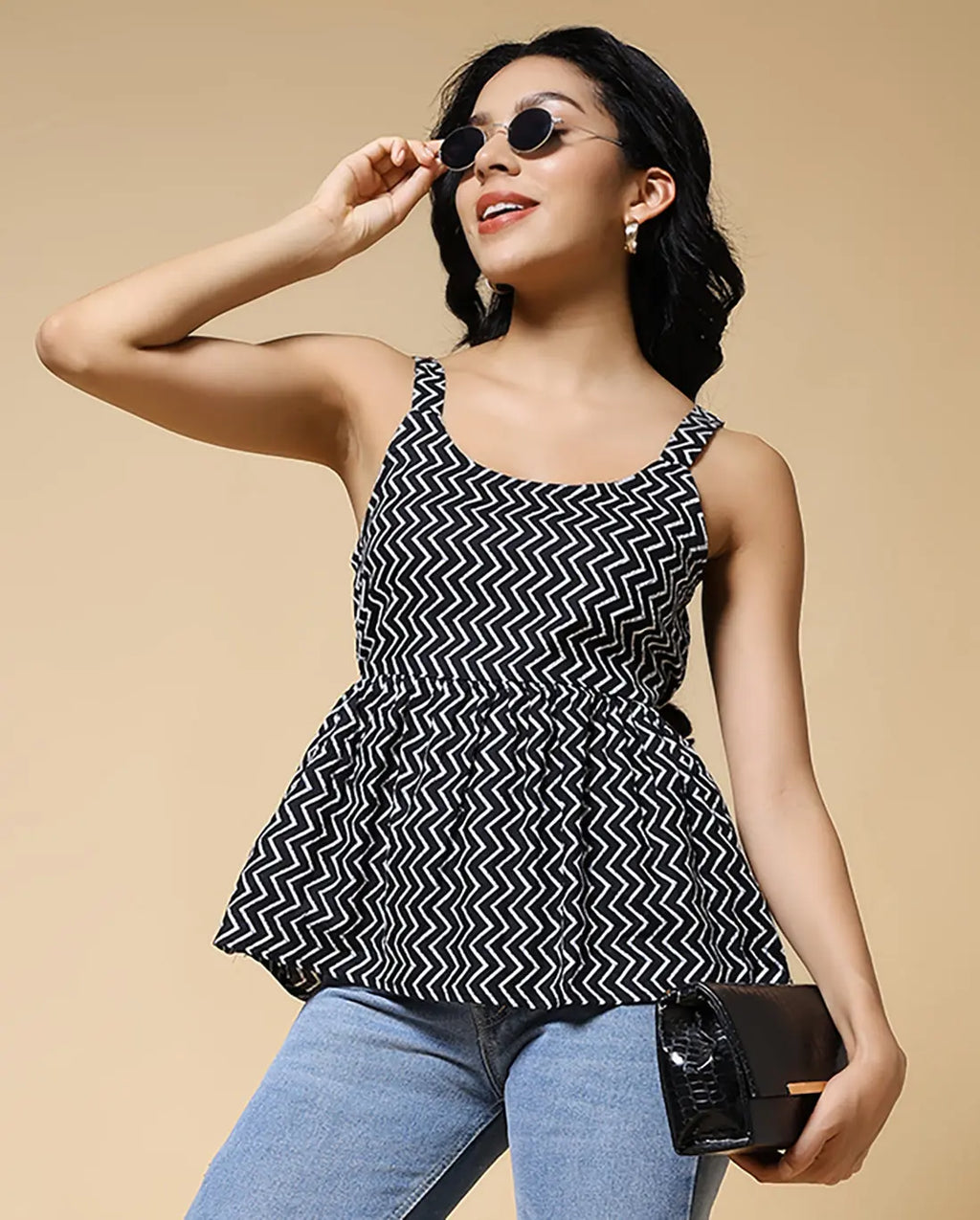 Istyle Can Black Zig-Zags Jaipuri Cotton Printed Scoop Neck Strappy Sleeveless Top for Women My Store