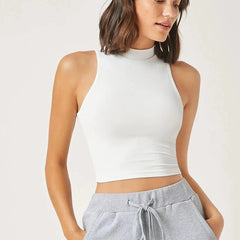 Women's & Girls White Solid Mock Neck Rib/Knit Sleeveless Stretchable Slim Fit Crop Tank Top Istyle Can