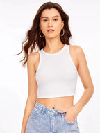 Women's Crew Neck Sleeveless Solid Rib Knit WhiteCrop Tank Top Istyle Can