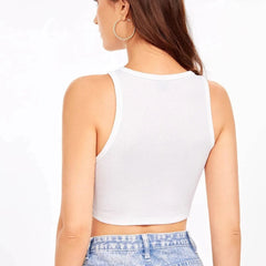 Women's Crew Neck Sleeveless Solid Rib Knit WhiteCrop Tank Top Istyle Can