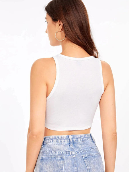 Women's Crew Neck Sleeveless Solid Rib Knit WhiteCrop Tank Top Istyle Can