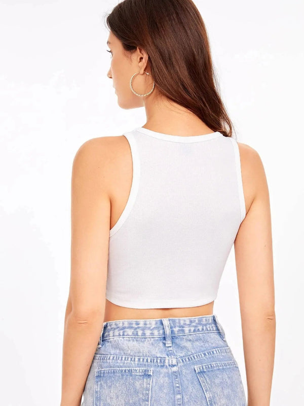 Women's Crew Neck Sleeveless Solid Rib Knit WhiteCrop Tank Top Istyle Can
