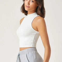 Women's & Girls White Solid Mock Neck Rib/Knit Sleeveless Stretchable Slim Fit Crop Tank Top Istyle Can