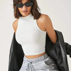 Women's & Girls White Solid Mock Neck Rib/Knit Sleeveless Stretchable Slim Fit Crop Tank Top Istyle Can