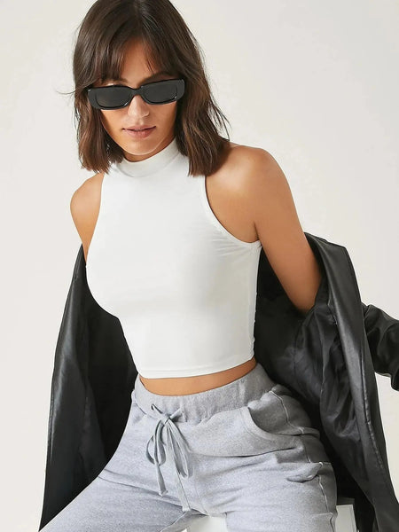Women's & Girls White Solid Mock Neck Rib/Knit Sleeveless Stretchable Slim Fit Crop Tank Top Istyle Can