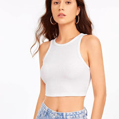 Women's Crew Neck Sleeveless Solid Rib Knit WhiteCrop Tank Top Istyle Can