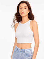 Women's Crew Neck Sleeveless Solid Rib Knit WhiteCrop Tank Top Istyle Can