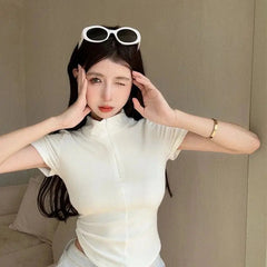 Istyle Can White Polyester Women's Top Solid Short Sleeve Ribbed Asymmetric Hem Casual T-Shirt Istyle Can