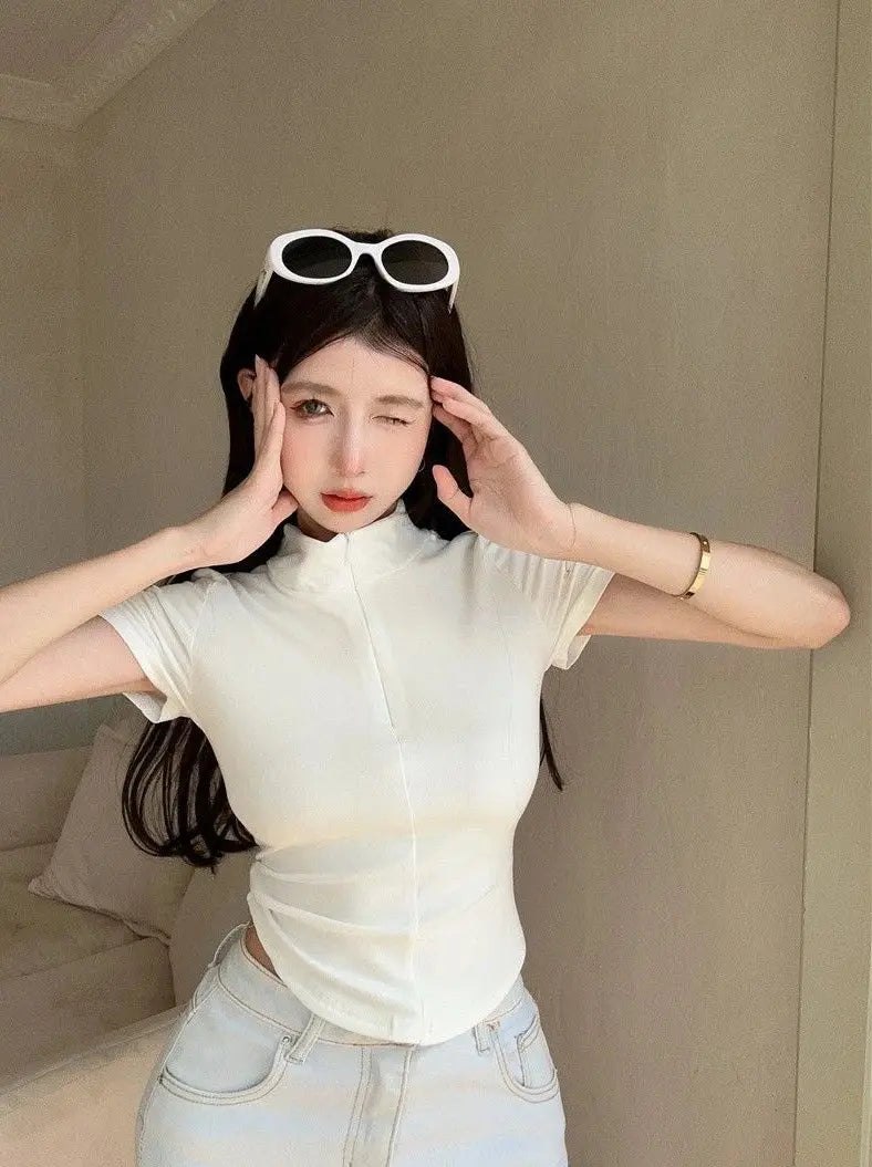 Istyle Can White Polyester Women's Top Solid Short Sleeve Ribbed Asymmetric Hem Casual T-Shirt Secondary image
