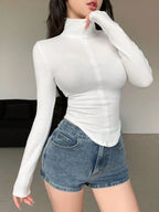 Istyle Can White Women's Top Solid Long Sleeve Ribbed Asymmetric Hem Casual T-Shirt Istyle Can