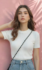 White Women’s Slim Fit Solid Rib Knit Stretchable Top Istyle Can