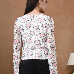 Istylecan Women's Floral Mesh Top - White & Pink Bell Sleeve V-Neck Blouse