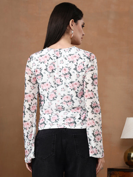 Istylecan Women's Floral Mesh Top - White & Pink Bell Sleeve V-Neck Blouse