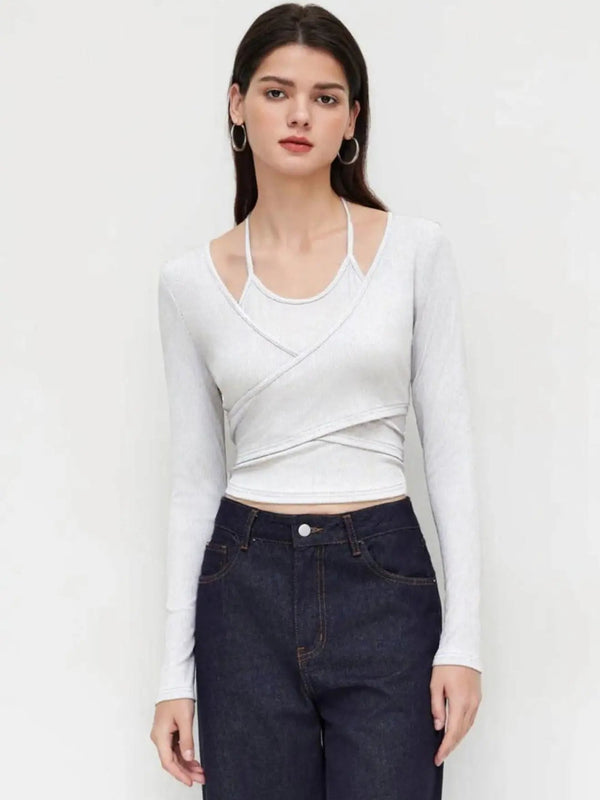 Istyle Can White Women’s Halter Neckline Knotted Cross-Wrap Crop Top My Store