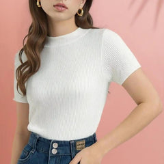 White Women’s Slim Fit Solid Rib Knit Stretchable Top Istyle Can