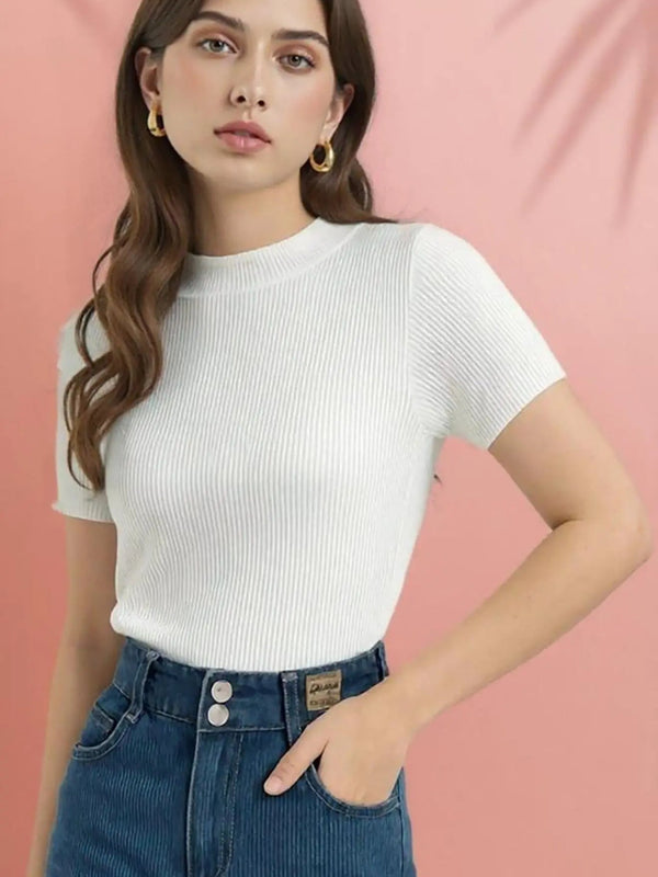 White Women’s Slim Fit Solid Rib Knit Stretchable Top Istyle Can