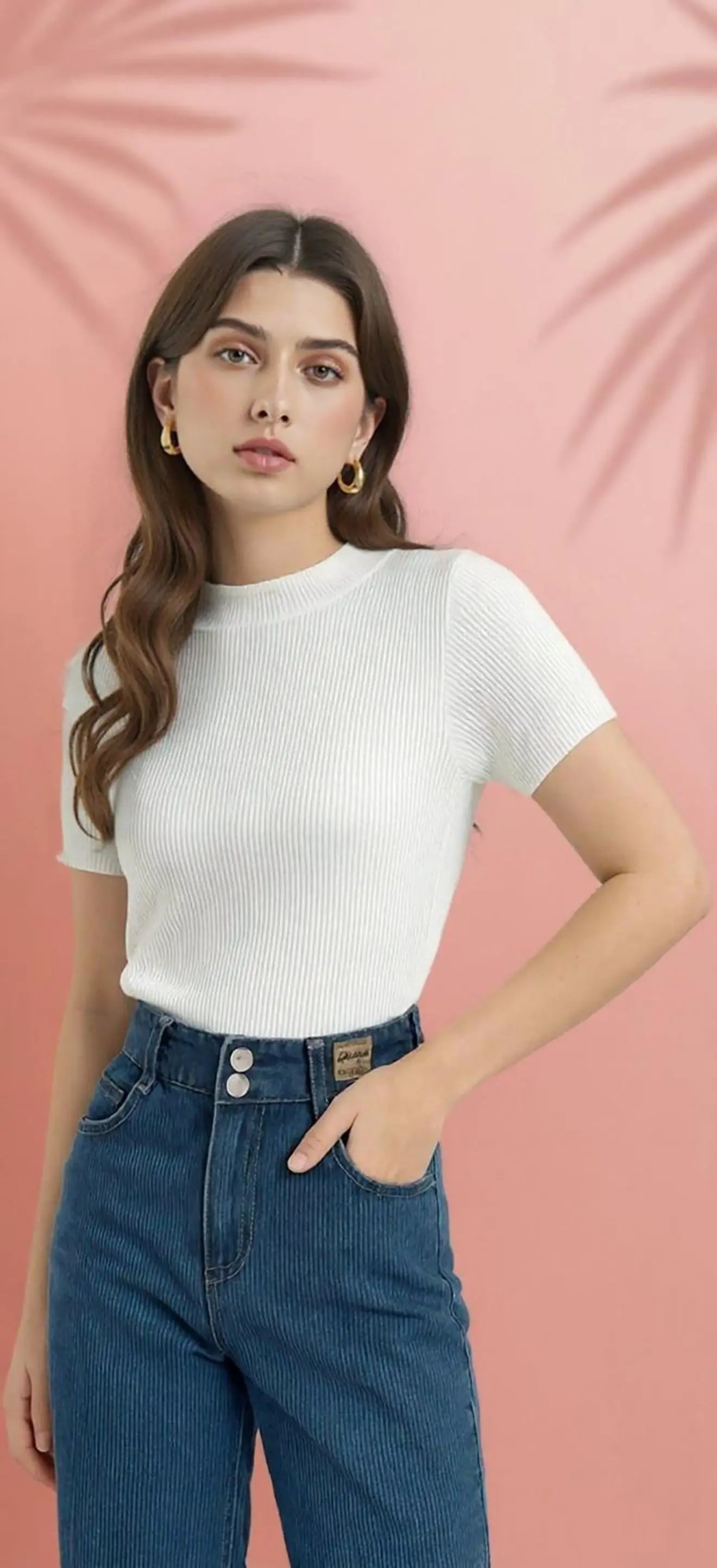 White Women’s Slim Fit Solid Rib Knit Stretchable Top Secondary image