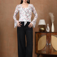 Istylecan Women's Floral Mesh Top - White & Pink Bell Sleeve V-Neck Blouse