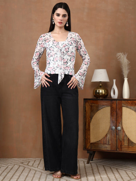 Istylecan Women's Floral Mesh Top - White & Pink Bell Sleeve V-Neck Blouse