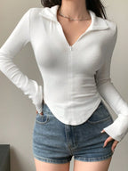 Istyle Can White Women's Top Solid Long Sleeve Ribbed Asymmetric Hem Casual T-Shirt Istyle Can