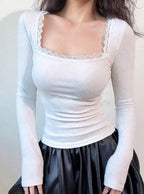 Istyle Can White Women’s Ribbed Square Neck Puff Sleeve Top Istyle Can