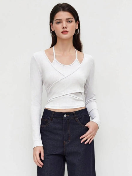 Istyle Can White Women’s Halter Neckline Knotted Cross-Wrap Crop Top My Store