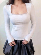 Istyle Can White Women’s Ribbed Square Neck Puff Sleeve Top Istyle Can