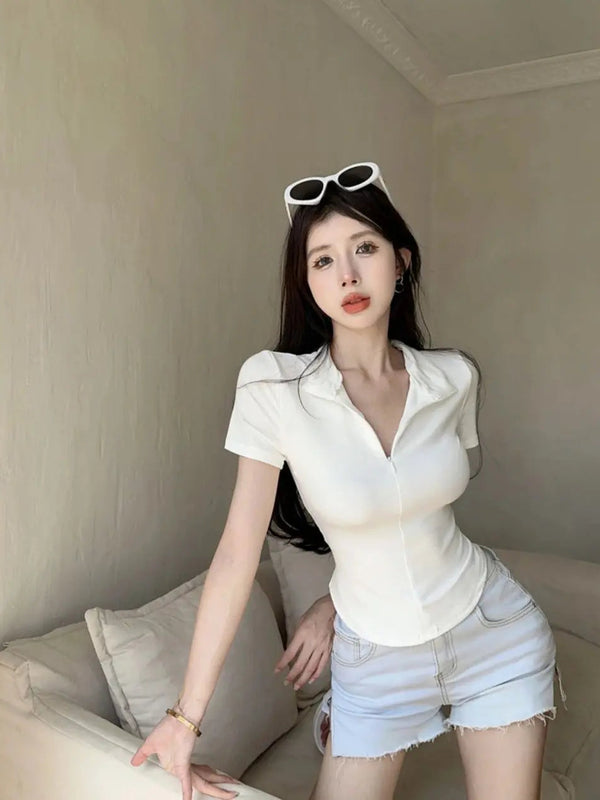 Istyle Can White Polyester Women's Top Solid Short Sleeve Ribbed Asymmetric Hem Casual T-Shirt Istyle Can