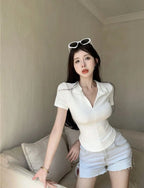 Istyle Can White Polyester Women's Top Solid Short Sleeve Ribbed Asymmetric Hem Casual T-Shirt Istyle Can