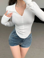 Istyle Can White Women's Top Solid Long Sleeve Ribbed Asymmetric Hem Casual T-Shirt Istyle Can