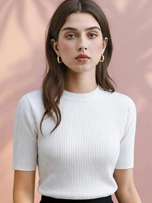 White Women’s Slim Fit Solid Rib Knit Stretchable Top Istyle Can