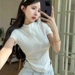 Istyle Can White Polyester Women's Top Solid Short Sleeve Ribbed Asymmetric Hem Casual T-Shirt Istyle Can
