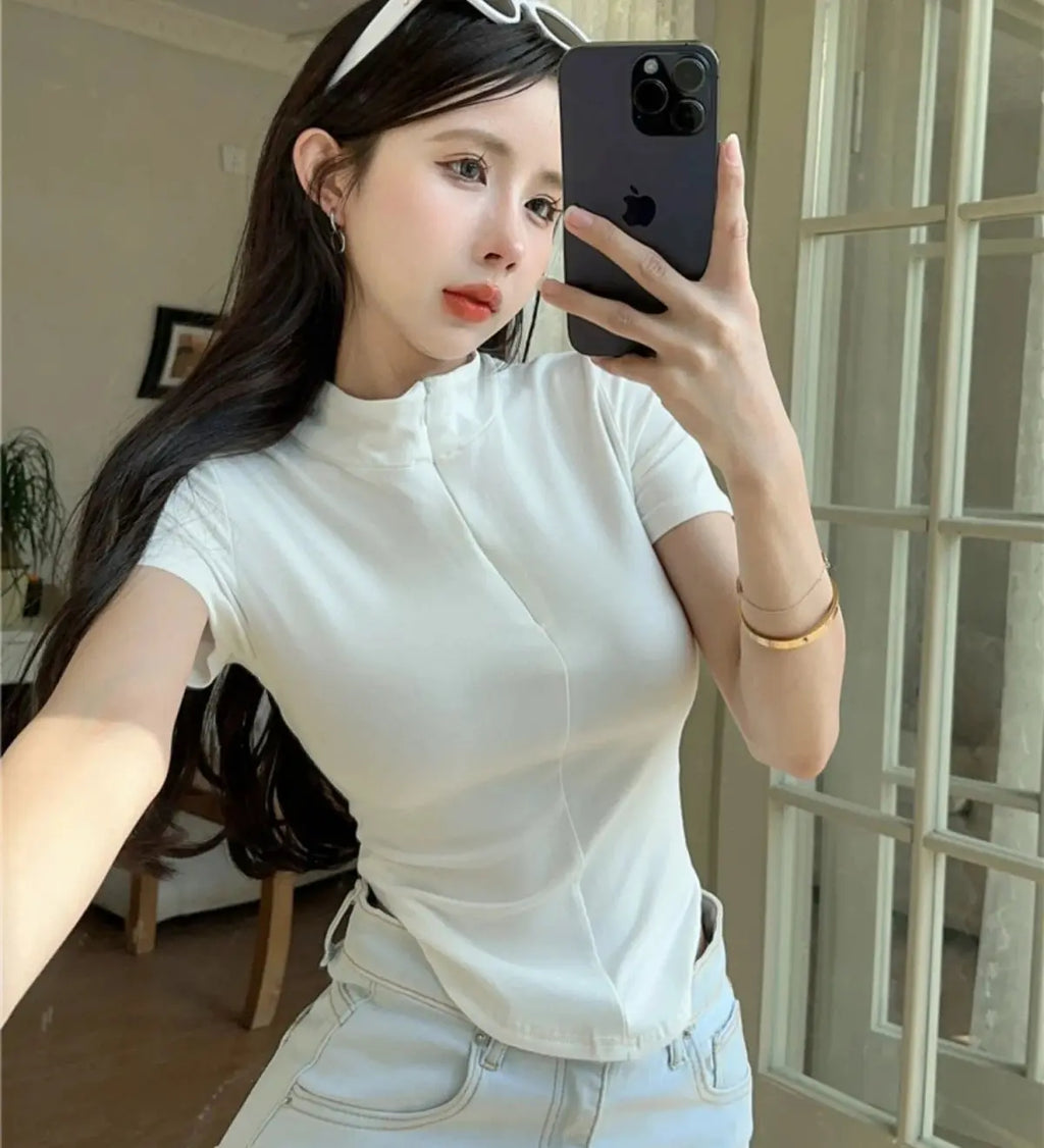Istyle Can White Polyester Women's Top Solid Short Sleeve Ribbed Asymmetric Hem Casual T-Shirt Istyle Can
