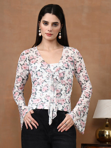 Istylecan Women's Floral Mesh Top - White & Pink Bell Sleeve V-Neck Blouse