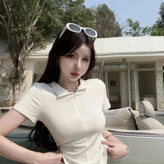 Istyle Can White Polyester Women's Top Solid Short Sleeve Ribbed Asymmetric Hem Casual T-Shirt Istyle Can